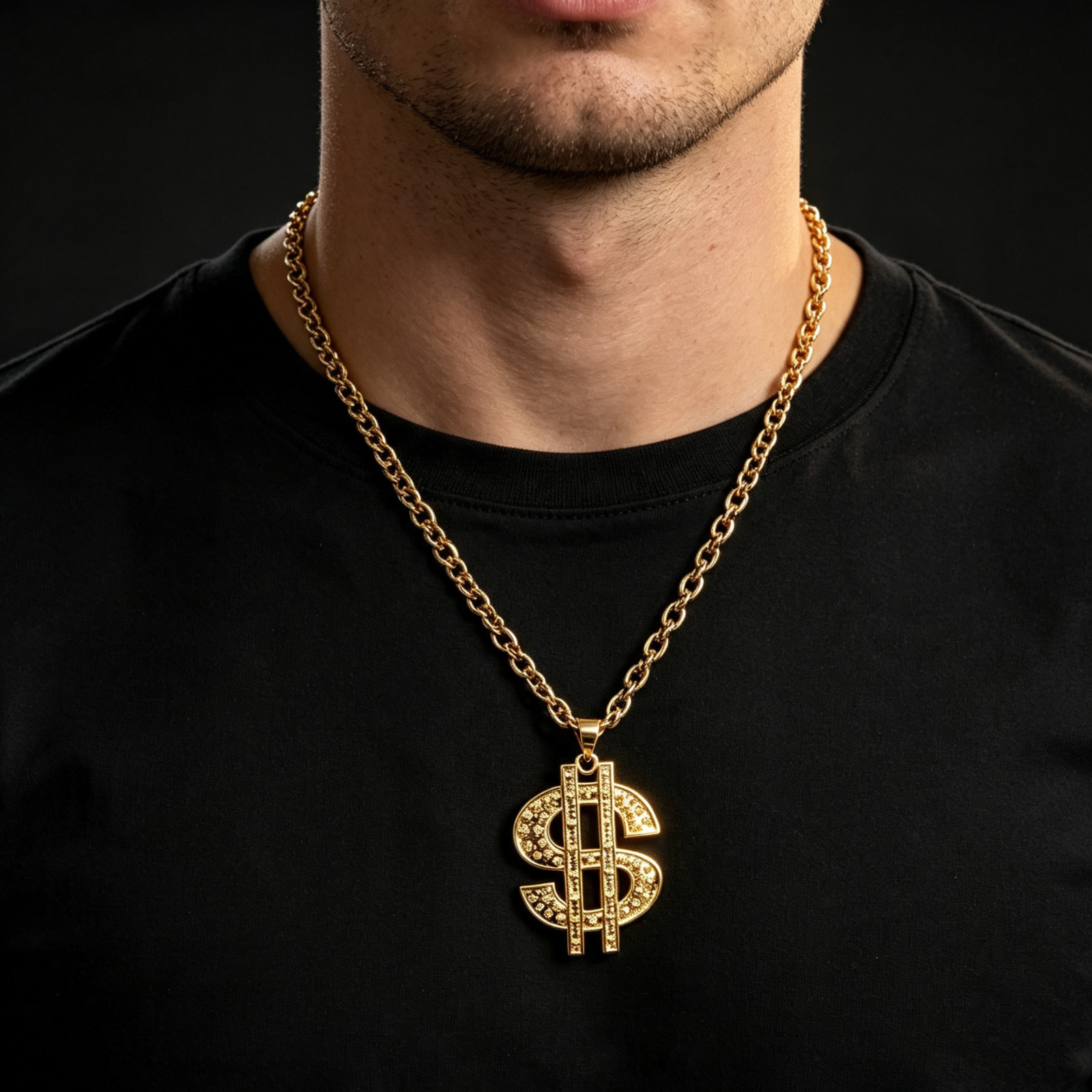 Oversized Gold Dollar Sign Pendant Long Chain Hip Hop Statement Necklace for Men