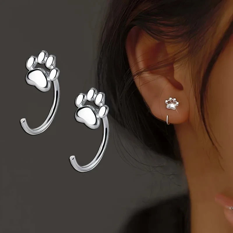 S925 Sterling Silver Tiny Paw Print Stud Earrings Cute Animal Women Girls Gift