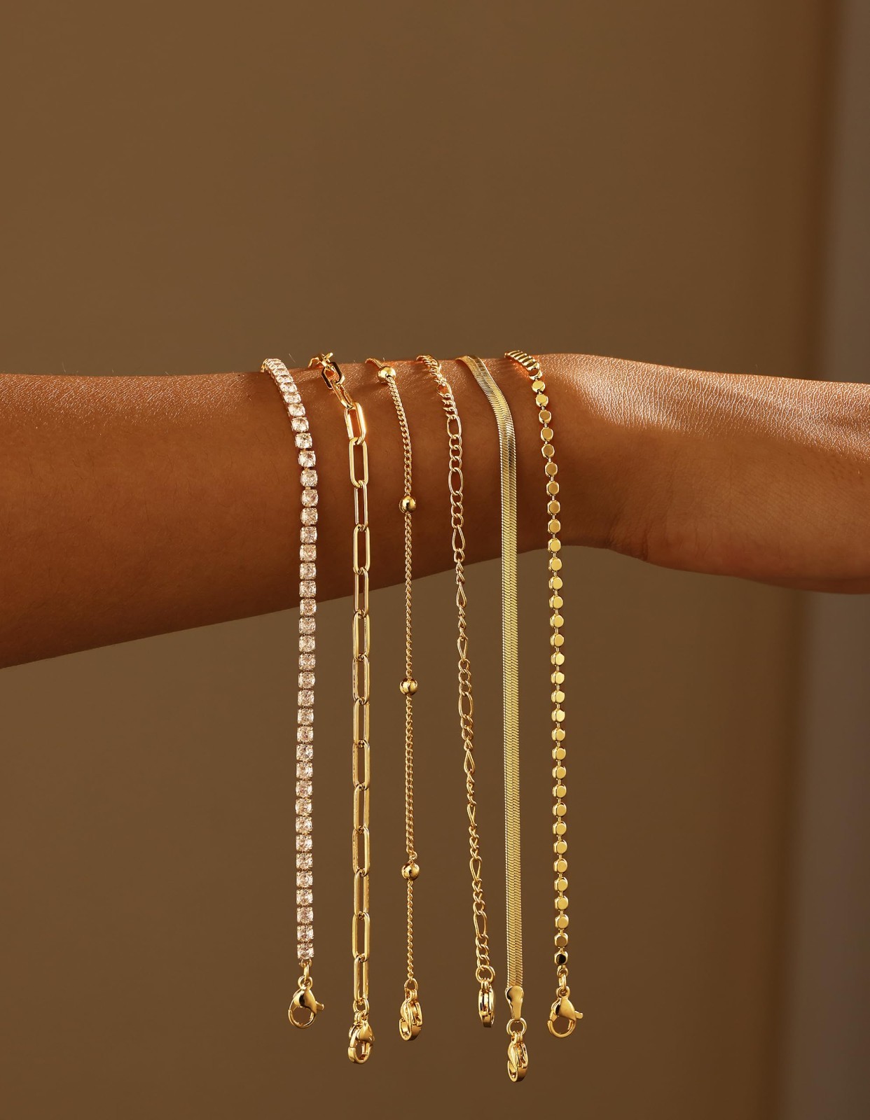 6PCS Gold & Silver Stackable Bracelets Set for Women – Dainty Tennis, Diamond, H