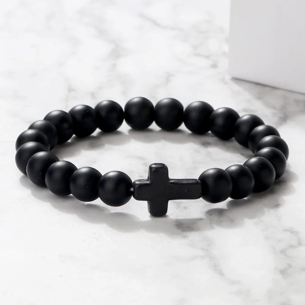 Cross Beaded Bracelet Natural Stone Handmade Men Women Prayer Gift