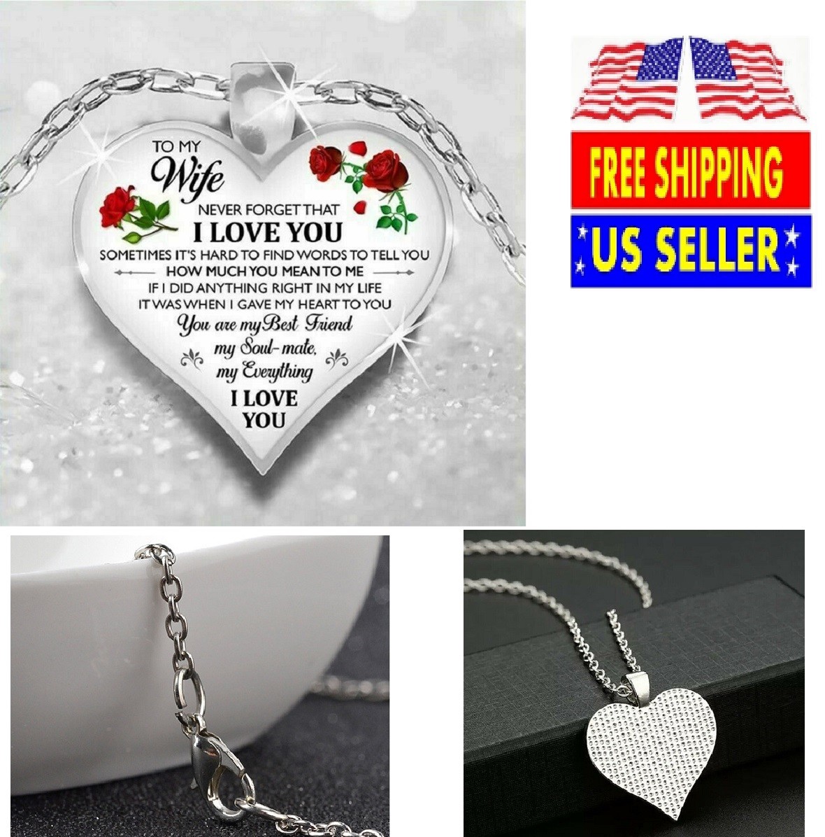 To My Wife I Love You Husband Heart Rose Necklace Birthday Anniversary Gift USA