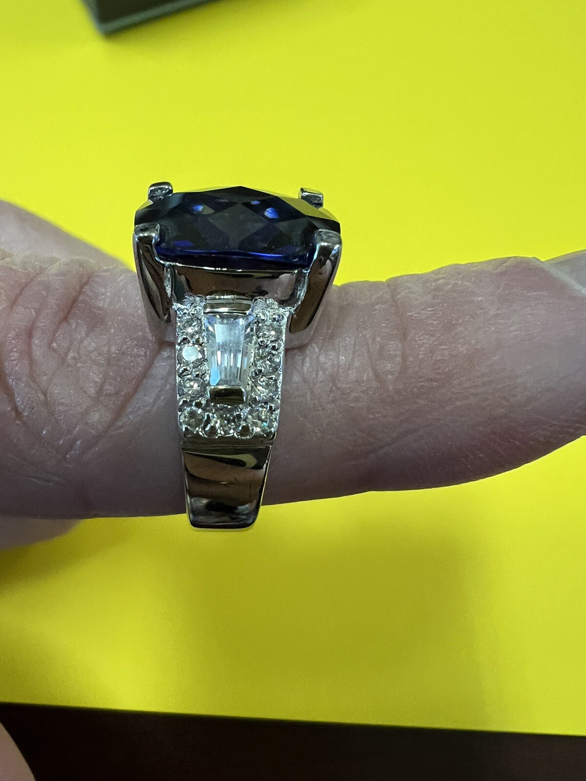 Size 6 ring Sim 9.66 Ct. Blue Tanzanite w/ Sim Diamonds Ritodium over S/S