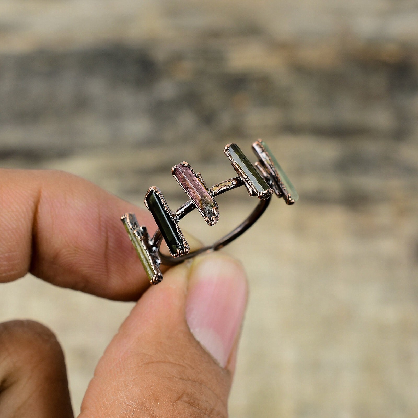 Multi Tourmaline Rough Electroformed Adjustable Ring Size Adjustable Copper