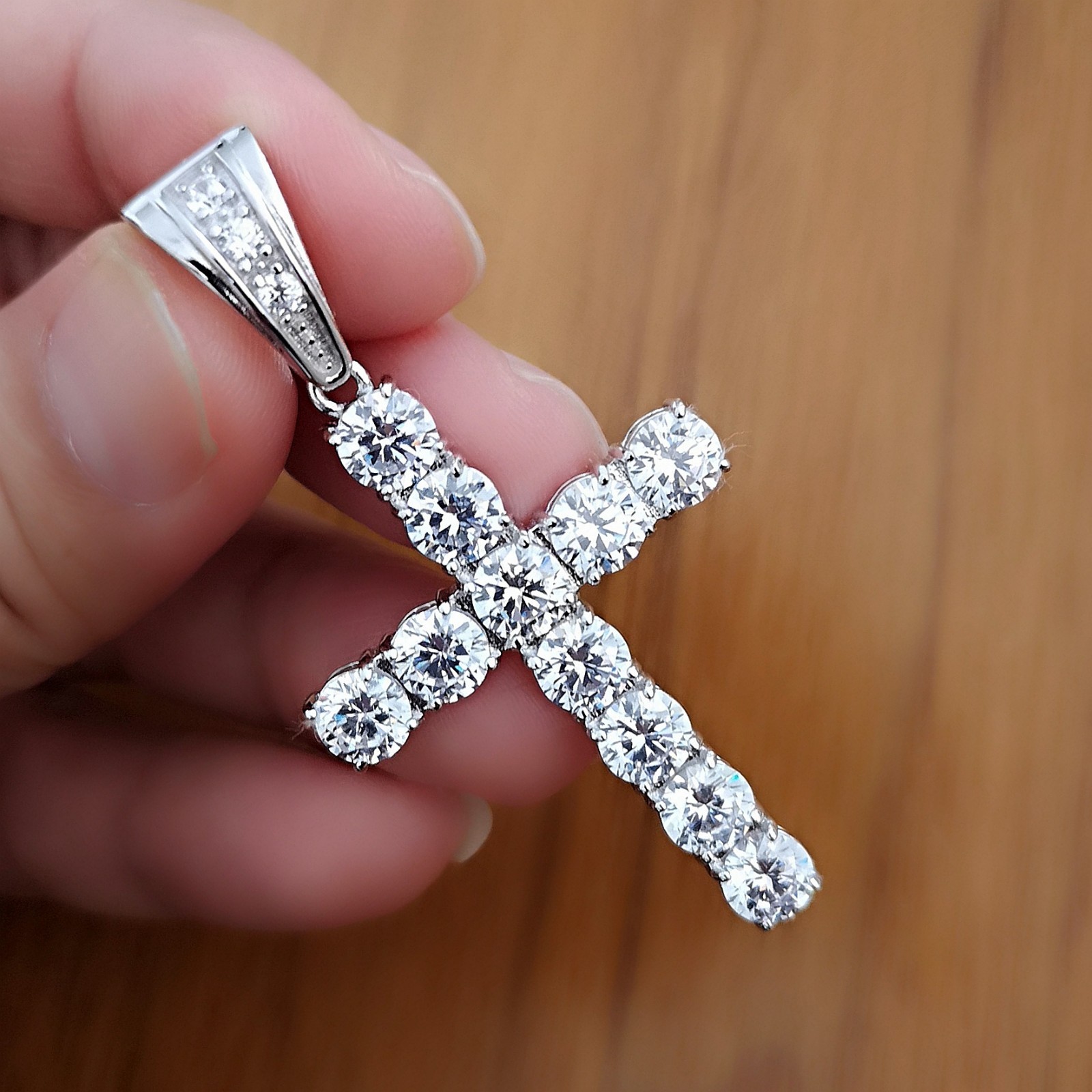 Real Solid Silver/ 14K Gold Plated 10 Ct Simulate Diamond Cross Pendant Necklace