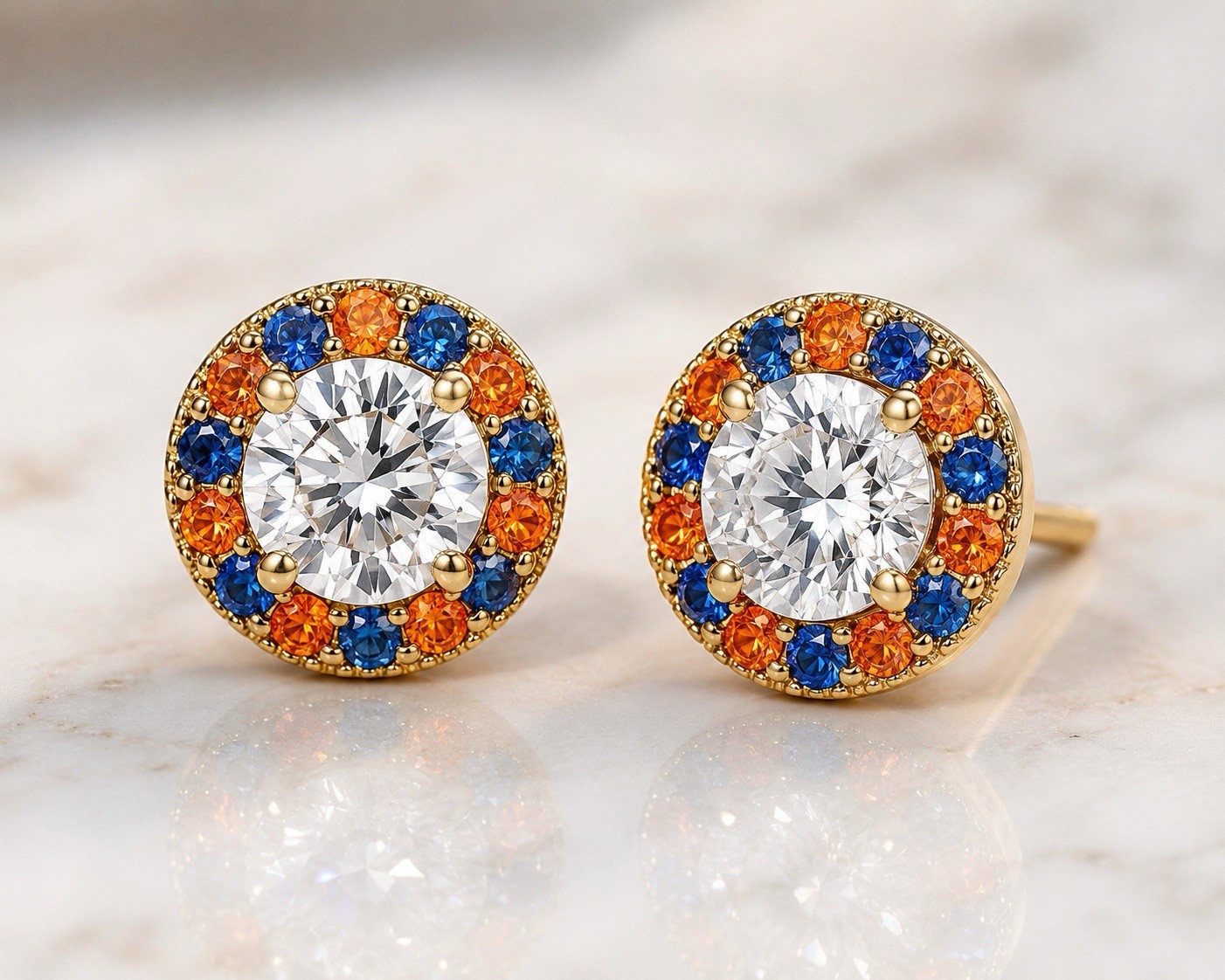 Moissanite Knicks Inspired Stud Earrings Copper/ 14K Gold Blue Orange Halo