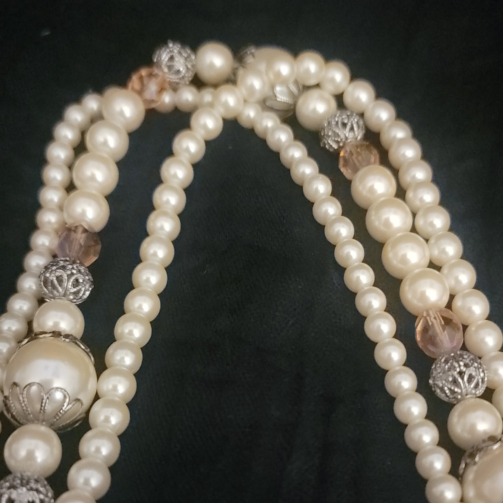 1928 Multi-Strand Ivory Simulated Pearl Beaded Necklace Crystal Silver Hook 18in