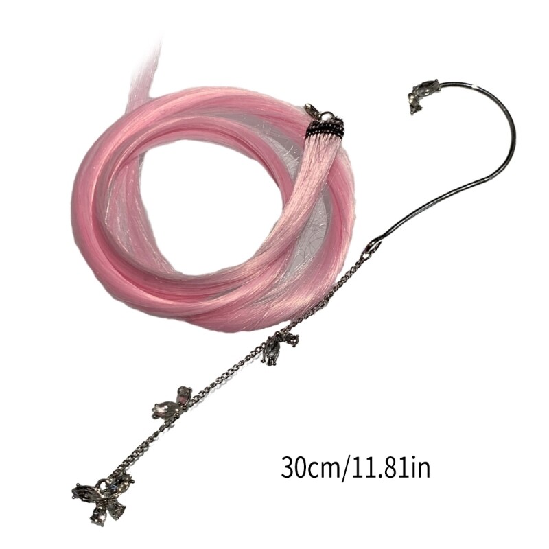 Fashion Pink Long Hair Ear Hook Cute Girl Wigs Dyeing Ear Pendant with Long Hair