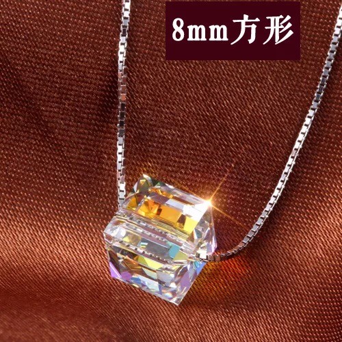 925 Sterling Silver Austrian Crystal Cube Lady Pendant Choker Necklace Chian USA