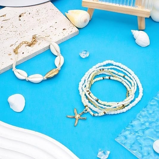 Boho Shell & Starfish Beach Bracelets Set for Women, Handmade Stretch Jewelry