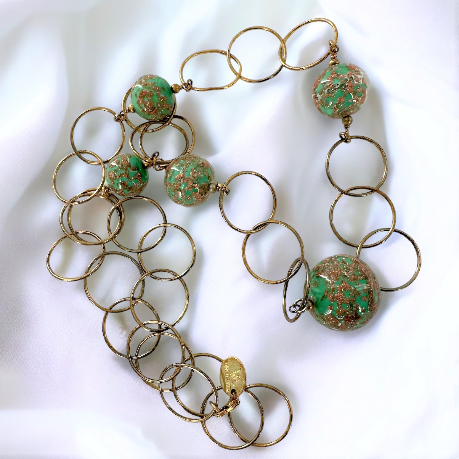 Venetiaurum Venetian Gold Specks Green Murano Glass Bead 24K Plate Link Necklace