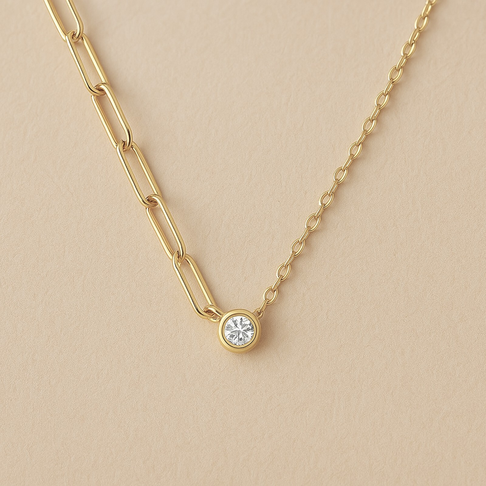 Paperclip & Cable Chain Necklace | CZ Bezel Pendant | 18K Gold on 925