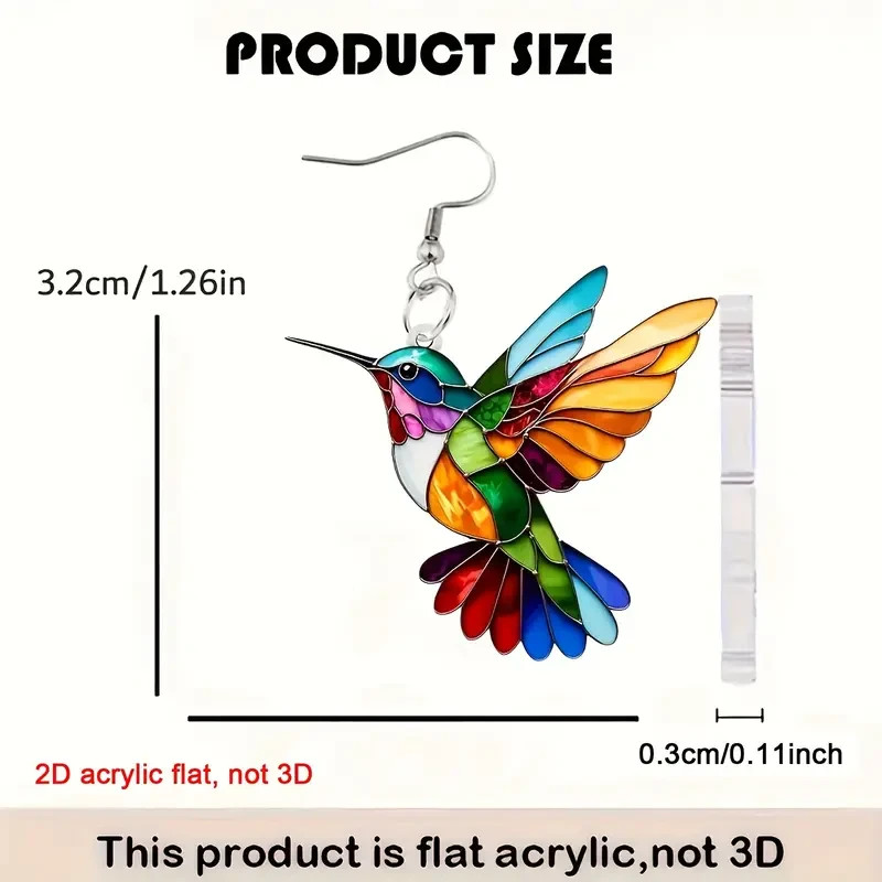 1 Pair, Charming and Cute Colorful Hummingbird Acrylic Earrings