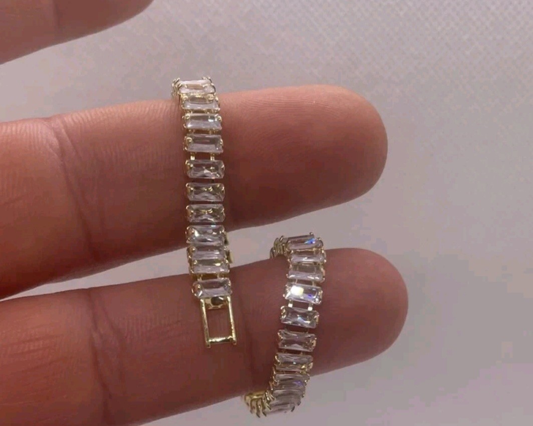 14k yellow gold plated tennis bracelet baguette cut simulated diamonds 7” long