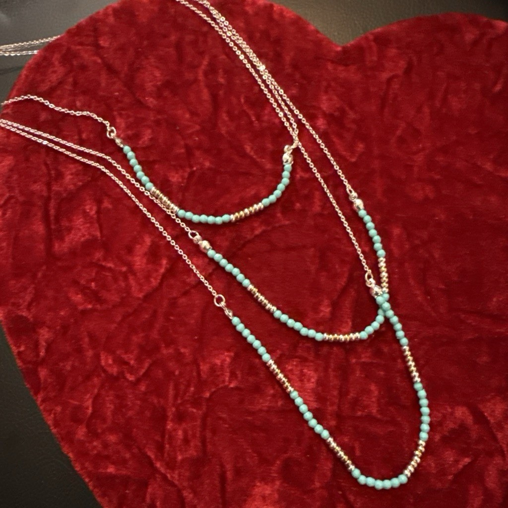 Layered Silver Tone Cable Chain Necklace w/ Blue Round Beads Lobster Clasp