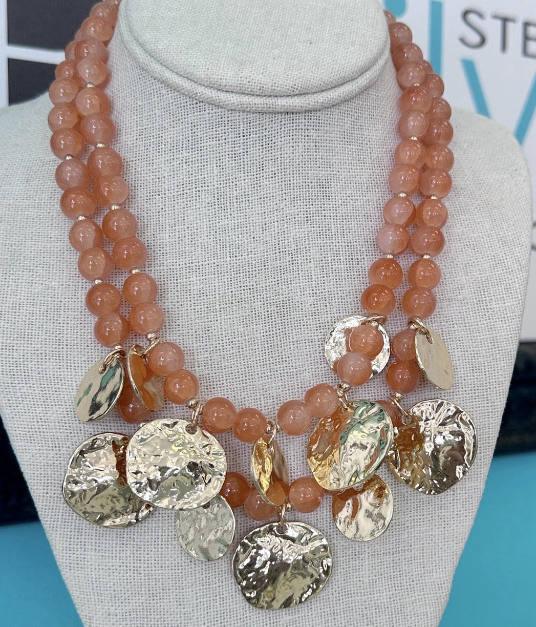 Gardenia Beaded Necklace Peach Orange With Gold Medallions Coins