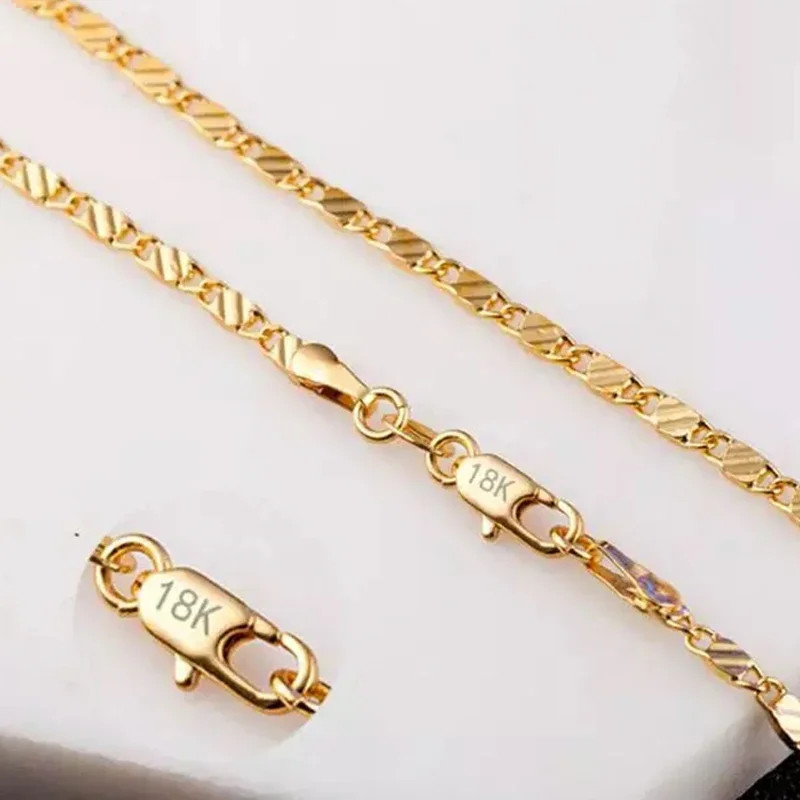 Fashion 18k Gold Necklace 2MM 16/18/20/22/24/26/28/30 Inch Side Chain