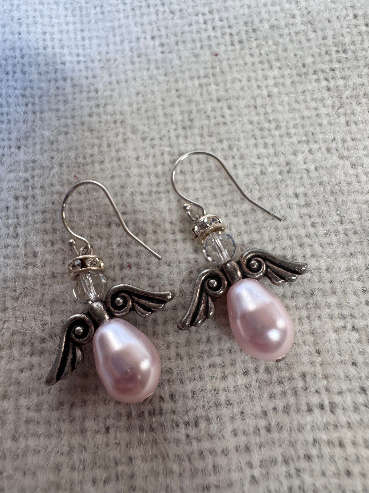 Handmade Pink Faux Pearl Guardian Angel Earrings Silver Tone Wings Faceted Bead