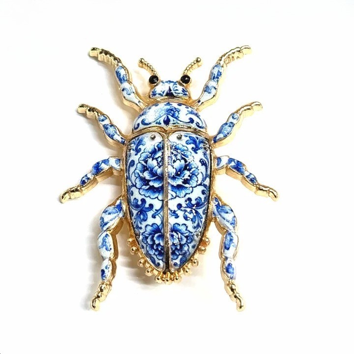 Blue Floral Porcelain Beetle Enamel Brooch Insect Lapel Pin