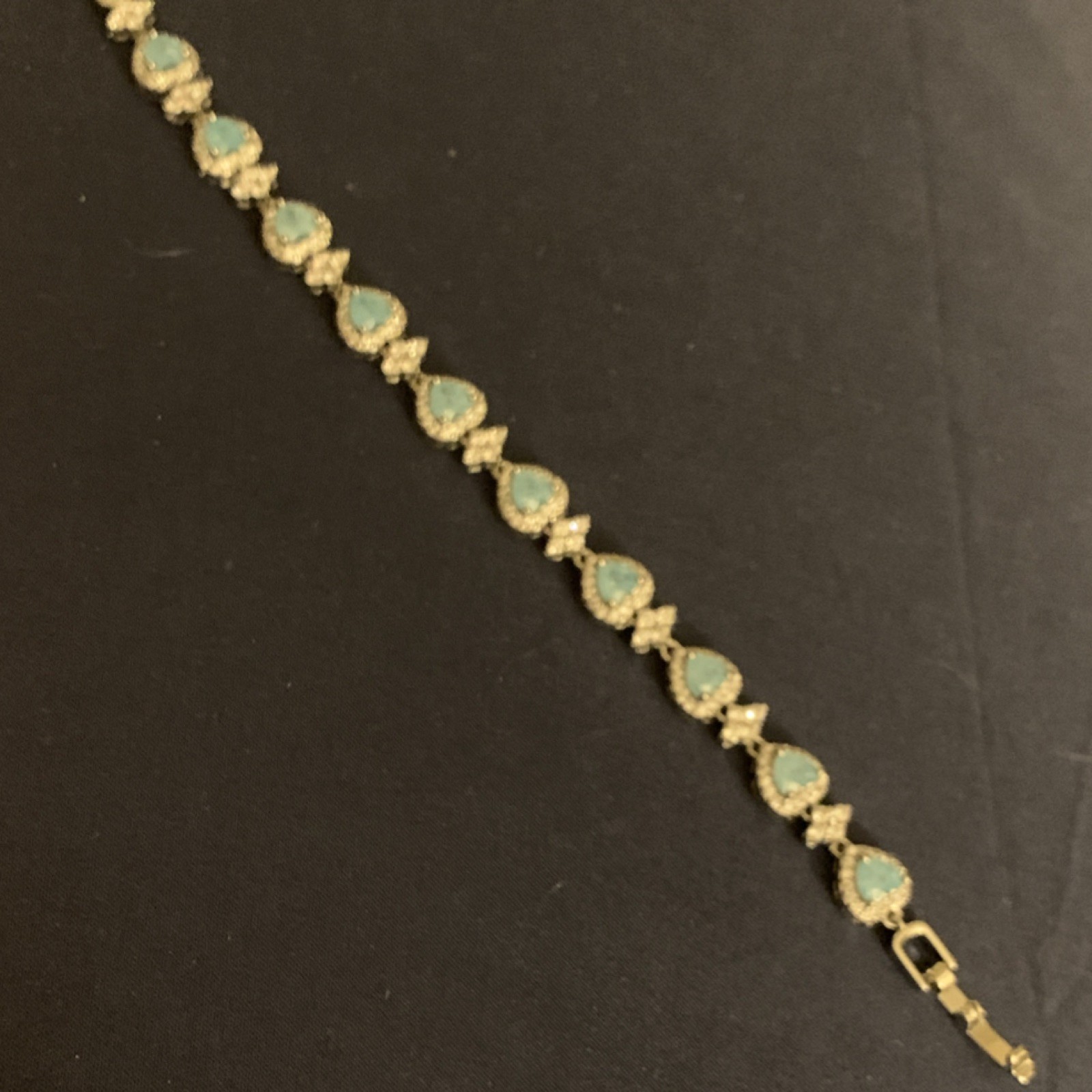 Silver Tone Tennis Bracelet Teardrop Blue Stone Push Lock Decorative Clasp