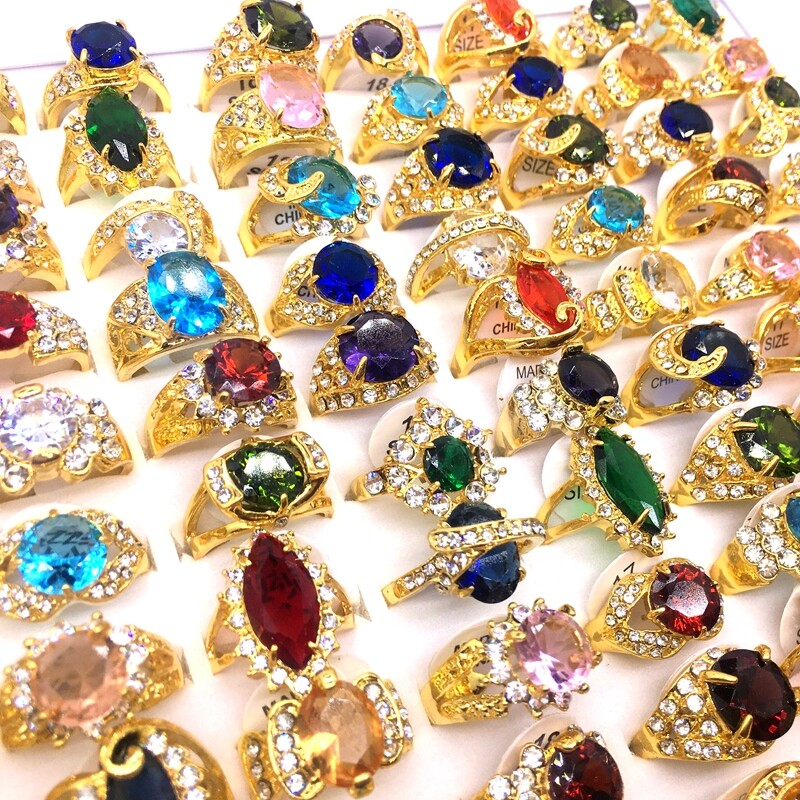 20pcs Women Rings Gold Plated Hand Inlay Rhinestone Zircon Jewelry Wholesale Lot