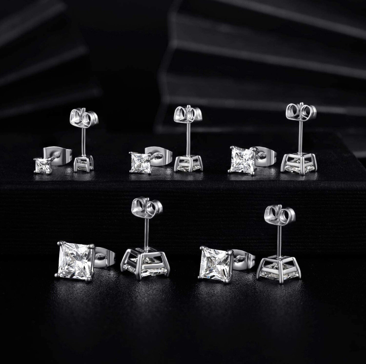 MDFUN 18k White Gold Plated Princess Cut Clear Cubic Zirconia Earrings Pack Of 5