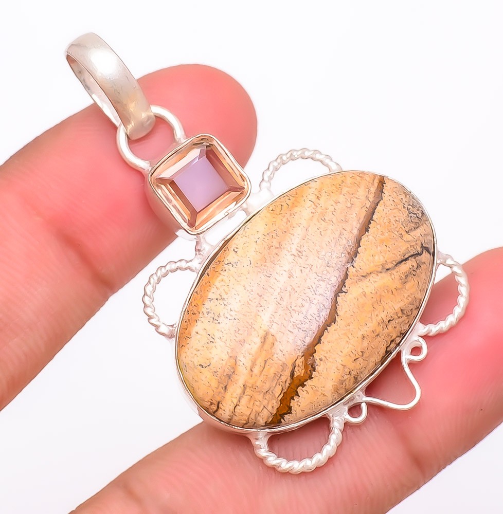 Natural Picture Jasper, Morganite Gemstone 925 Silver Plated Pendant 2.0″ F263