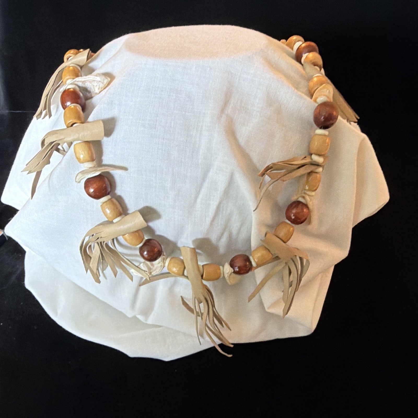 Bohemian Wood Bead Necklace w/ Adjustable Leather Fringe Tassel, Brown/Beige