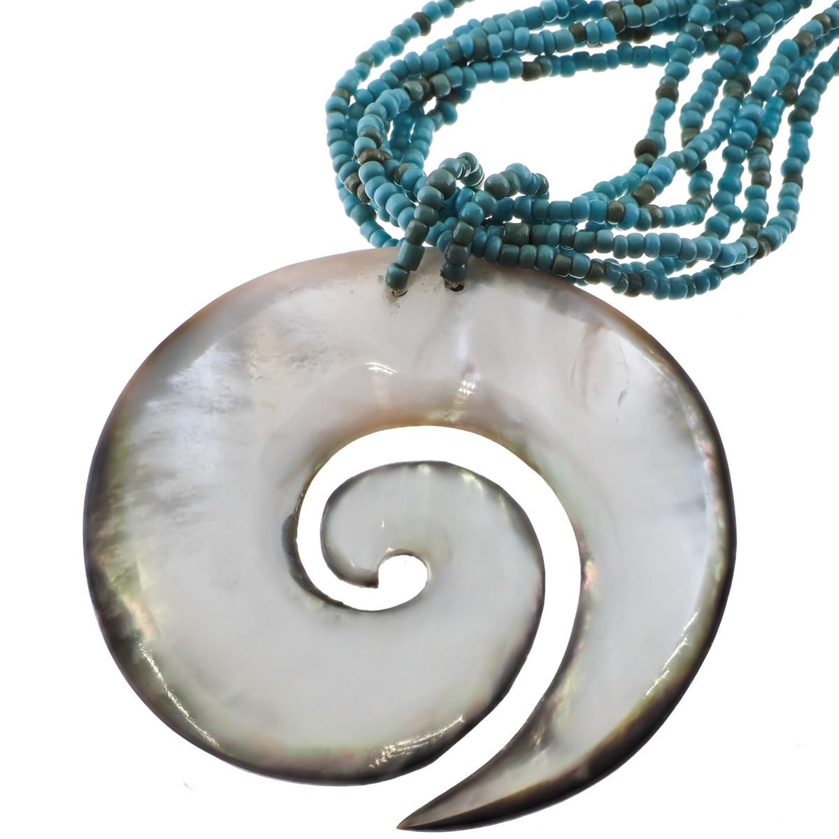 Maori Koru Mother Of Pearl Shell Turquoise Glass Beads Necklace, 2 3/16″