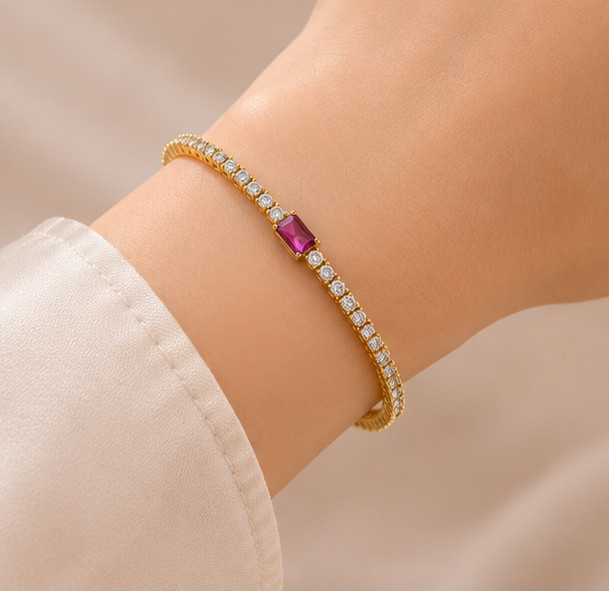 7ct Emerald Cut Simulated Ruby Anniversary Tennis Bracelet 14KYellow Gold Plated