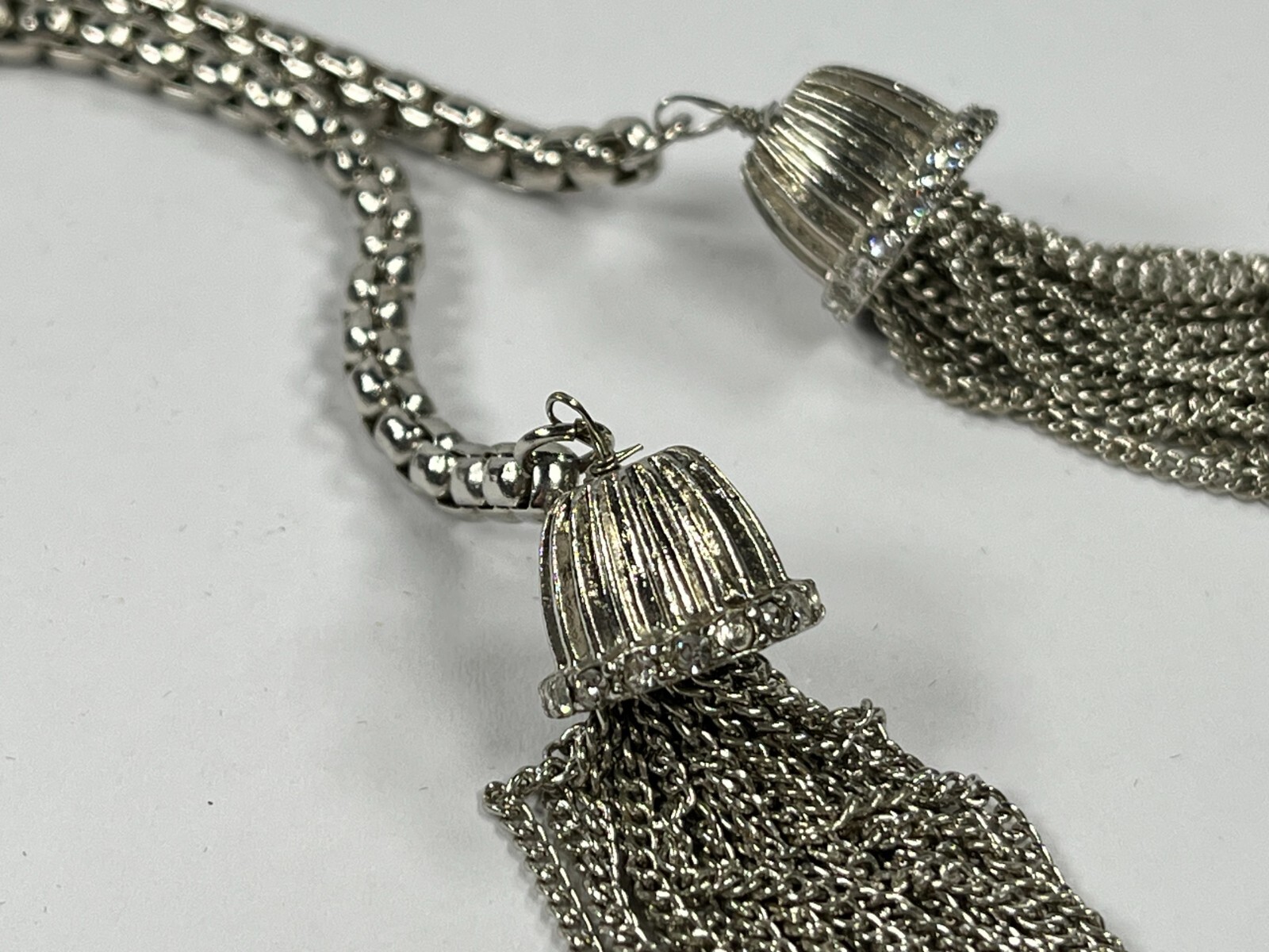Silver Tone Tassle 19″ Necklace with Rhinestones