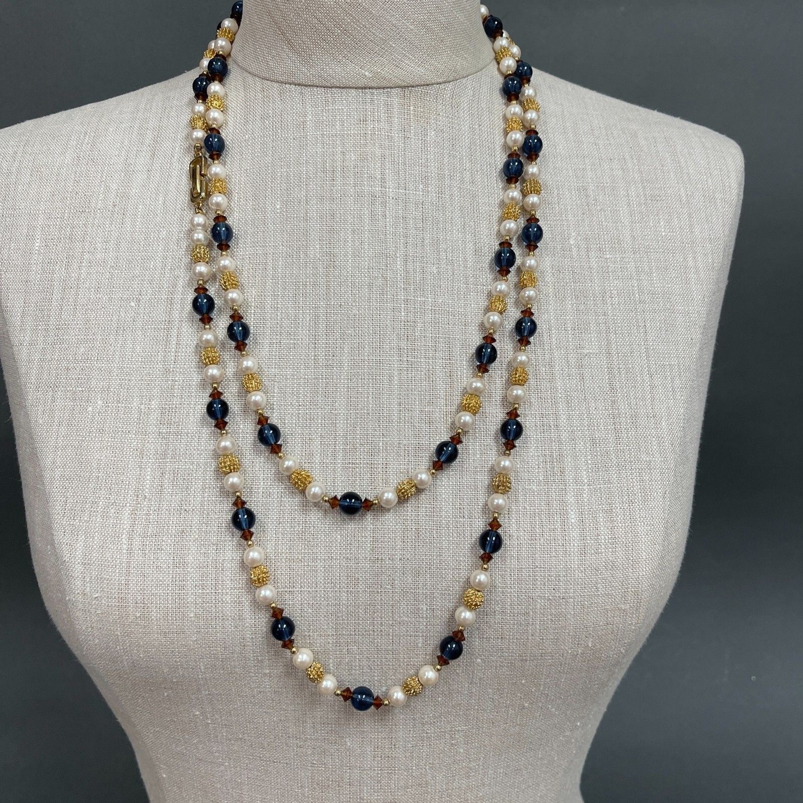 Blue Brown White Gold Beads Beaded Women’s Fashion Long Necklace NWOT