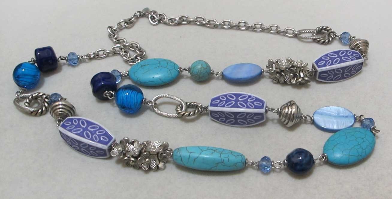 PREMIER DESIGNS “Blue Lagoon” Silver Tone Howlite, Acrylic, Glass 36” Necklace
