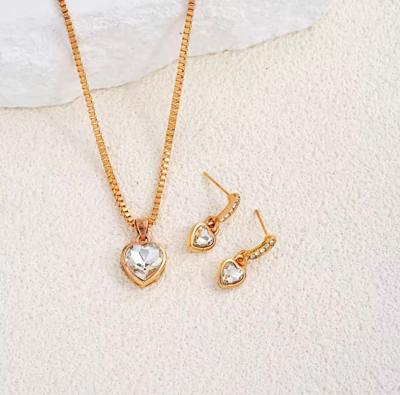 Gold Color Heart Jewelry Set Necklace And Earrings Elegant Matching Women Gift