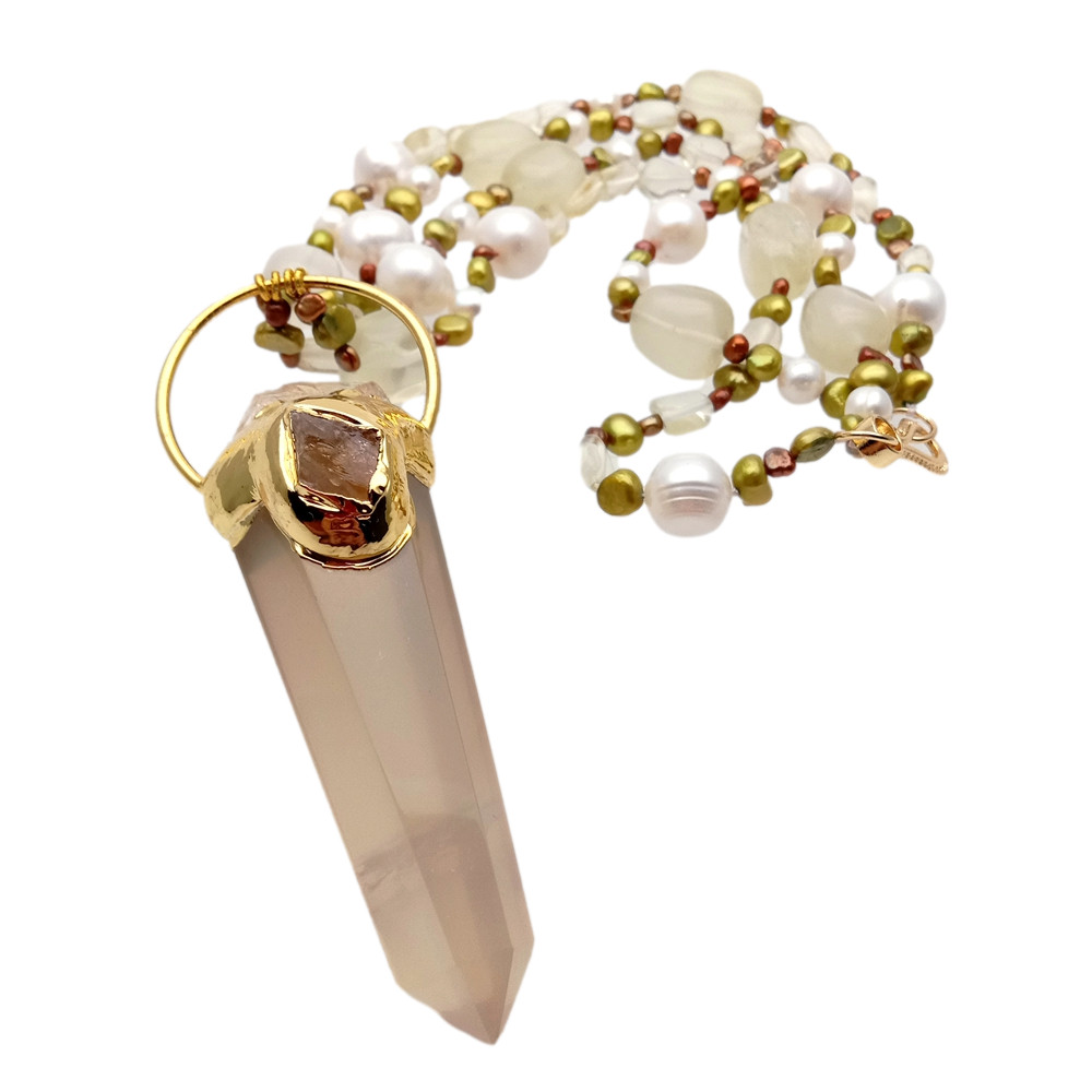21″ 2 Rows White Pearl Brown Fancy Pearl Necklace Lemon Quartz Point Pendant