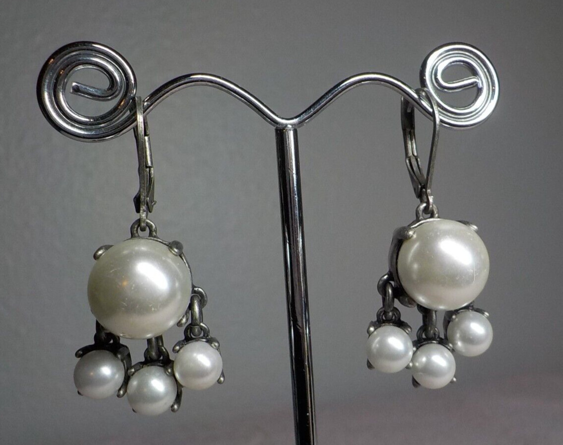 OXIDIZED SILVERTONE METAL FAUX PEARL DROP DANGLE LEVERBACK WIRE EARRINGS 1.5″L