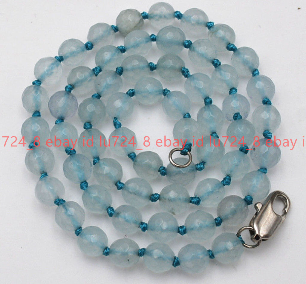 Faceted 6mm Natural Light Blue Aquamarine Round Gemstone Beads Necklace 14-36”