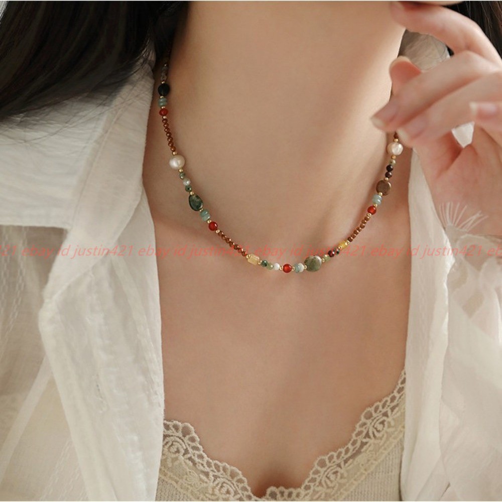 Multicolor Natural Stone Rice Freshwater Pearl Gemstone Beads Necklace 39cm+5cm