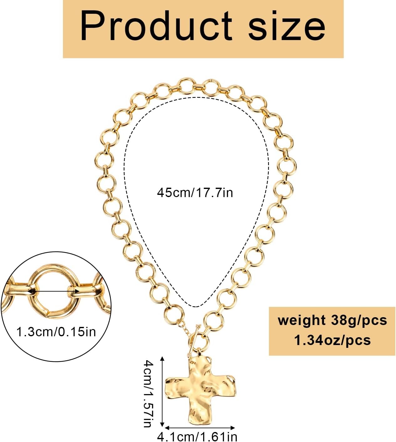 Hammered Cross Necklace, Chunky Statement Gold Cross Chain Necklace Gold Bold Cr