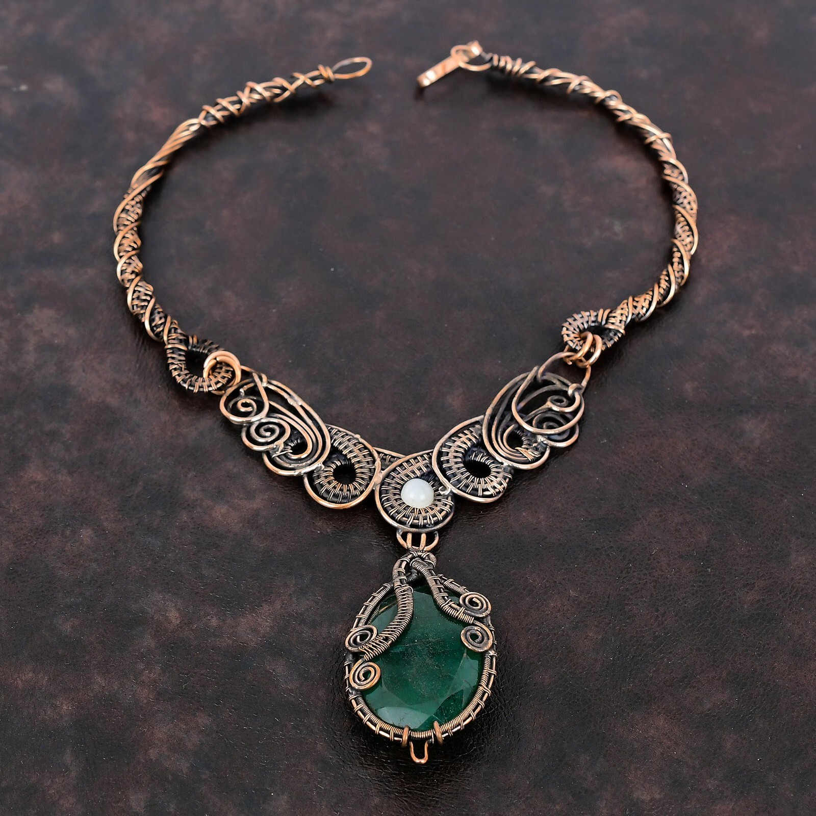 Faceted Zambian Emrald Necklace Copper Jewelry Wire Wrapped Chain Necklace 18.0″