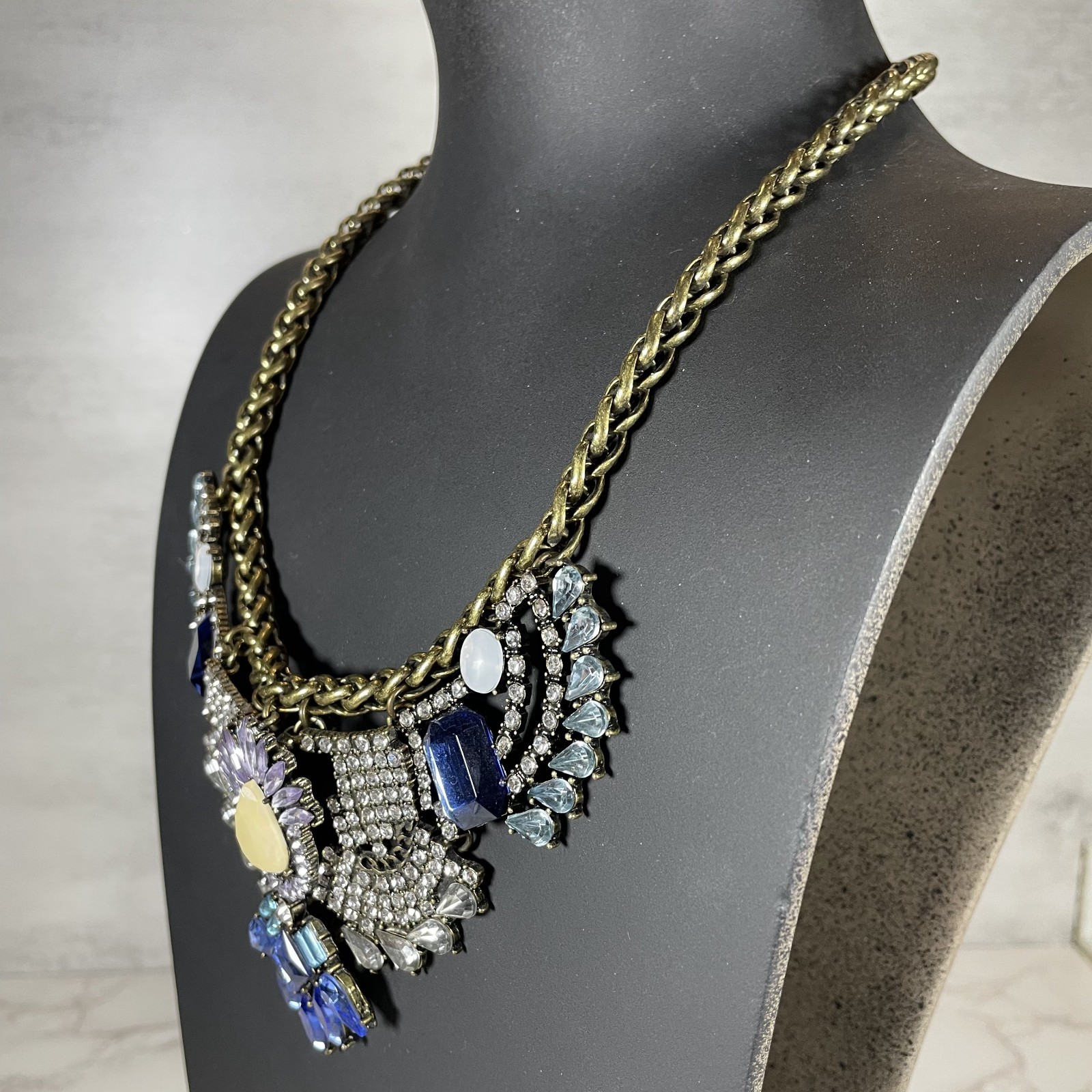 BaubleBar Statement Necklace Blue Crystal Rhinestone Bib Antique Bronze Choker