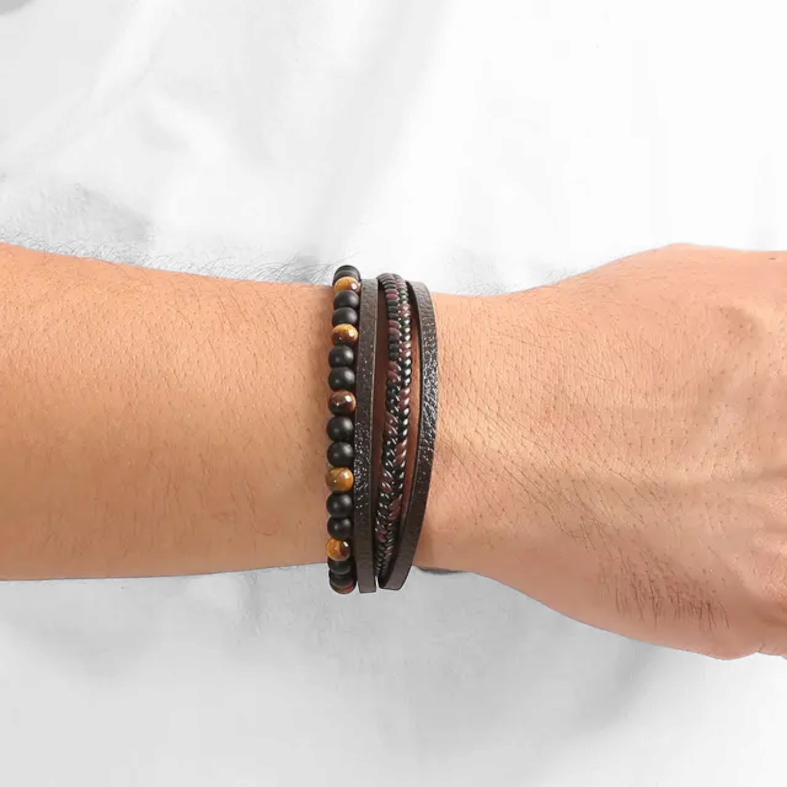 Men’s Tiger Eye Natural Stone Layered Braided Leather Beaded Bracelet