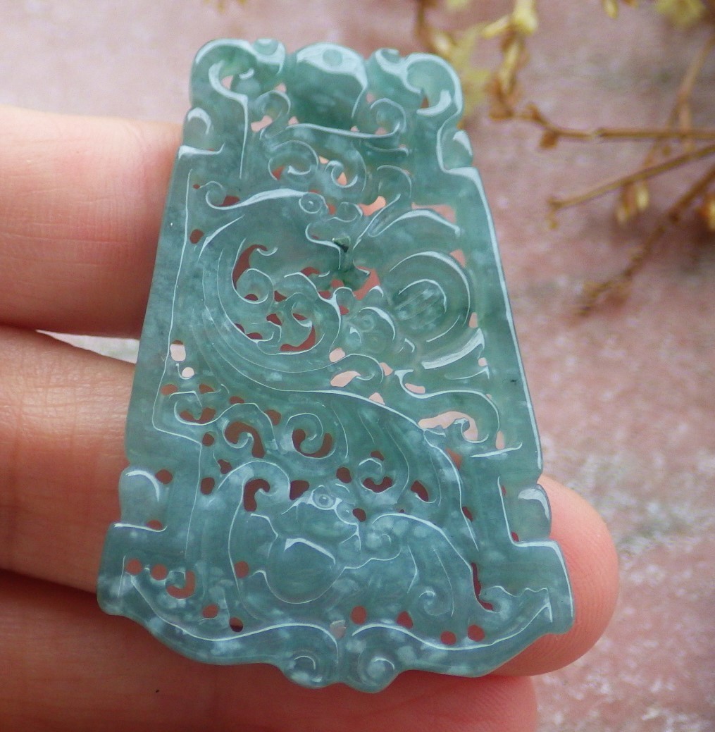 1Pcs Green Burma 100% Natural A Jade jadeite Pendant Dragon Bat Ruyi 生意兴隆 735470