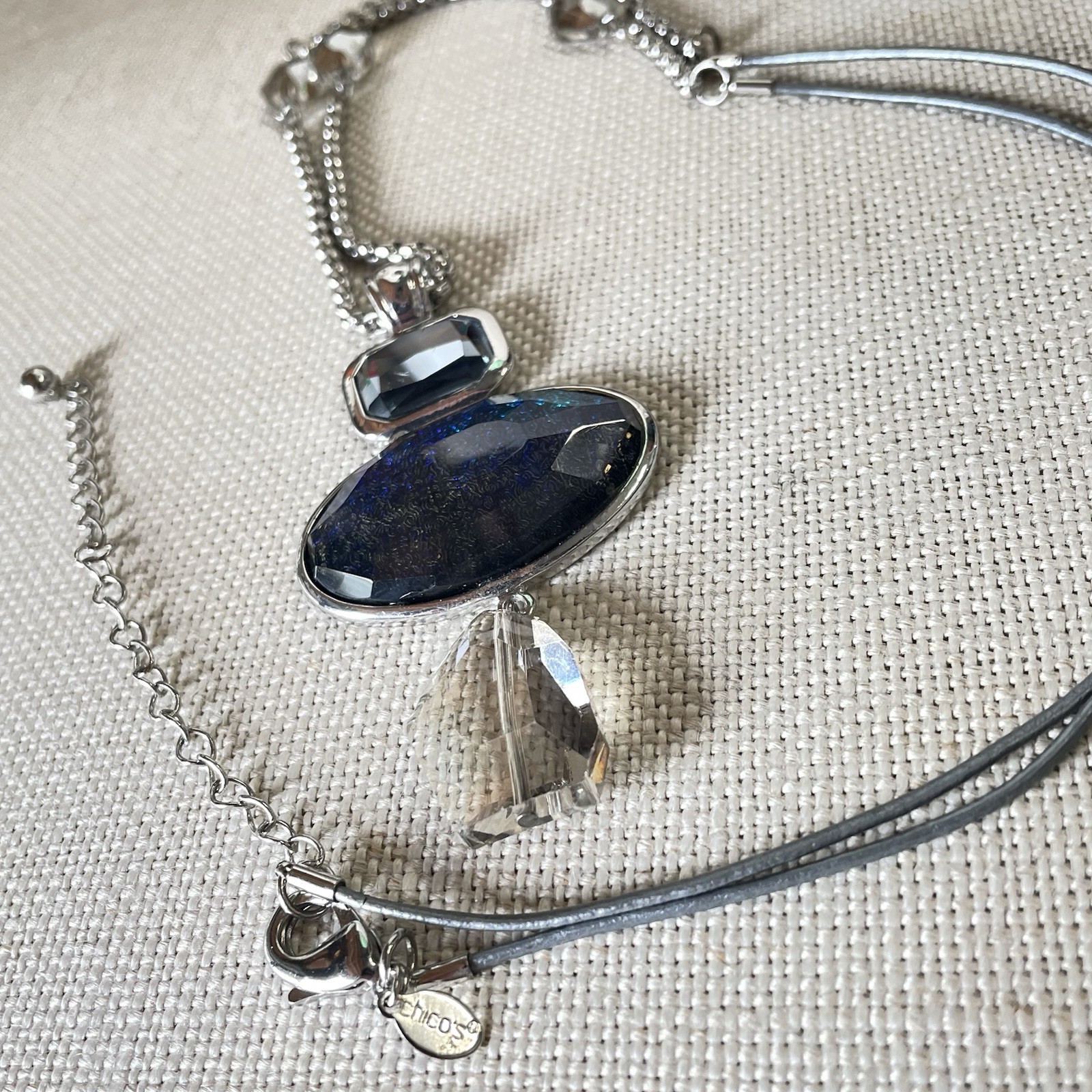 Chico’s Silver Tone Textured Chain Gray Cord Blue Jewel Charm Necklace Chic 34”