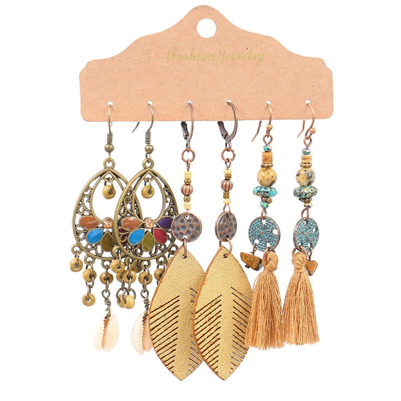 3 Pairs/Set Bohemian Boho Earrings Hook Drop Dangle – Feather, Tassle Shell, C#1