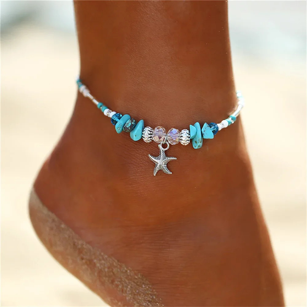 Summer Beach Boho Double Heart Anklets for Women Fashion Shell Starfish Ankle Br