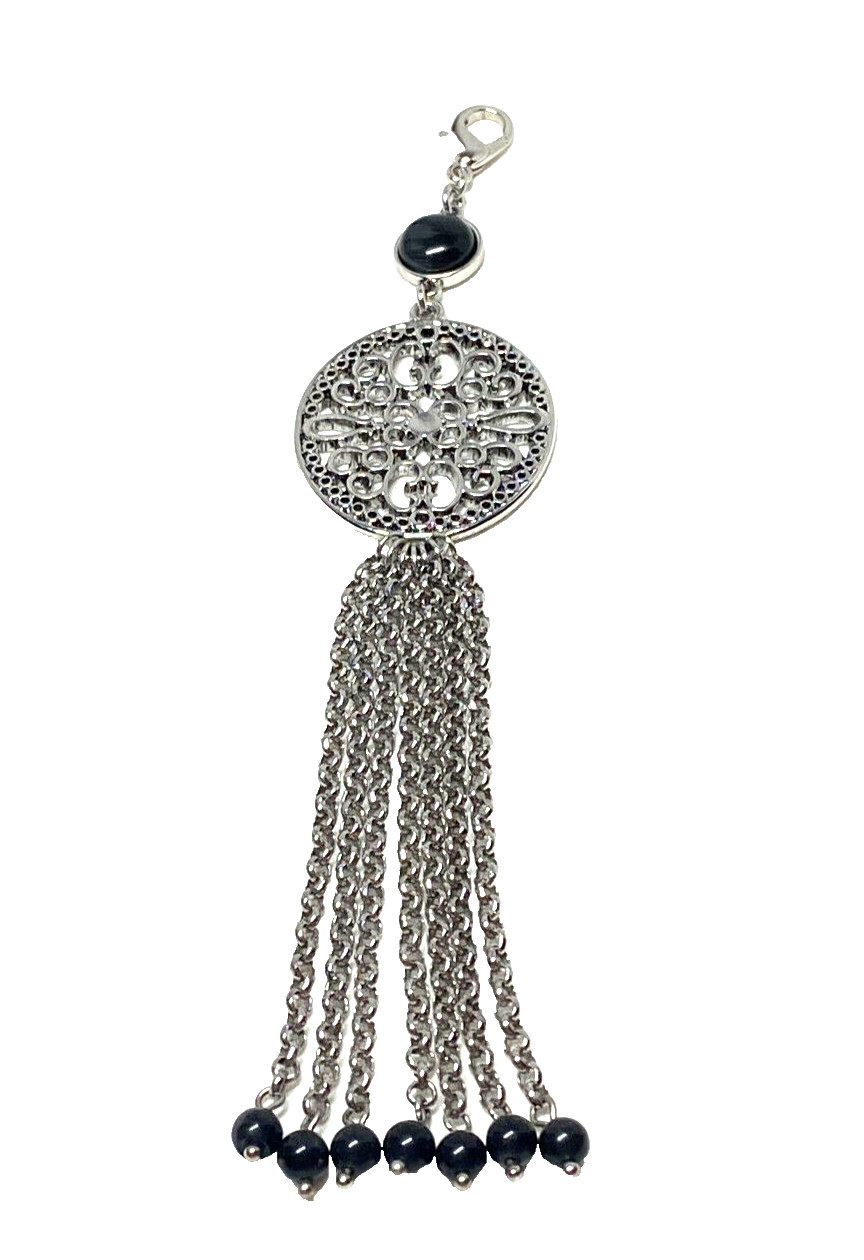 Lia Sophia Lyrical Detachable Chain Tassel Pendant Black Glass Stone Filagree 7″