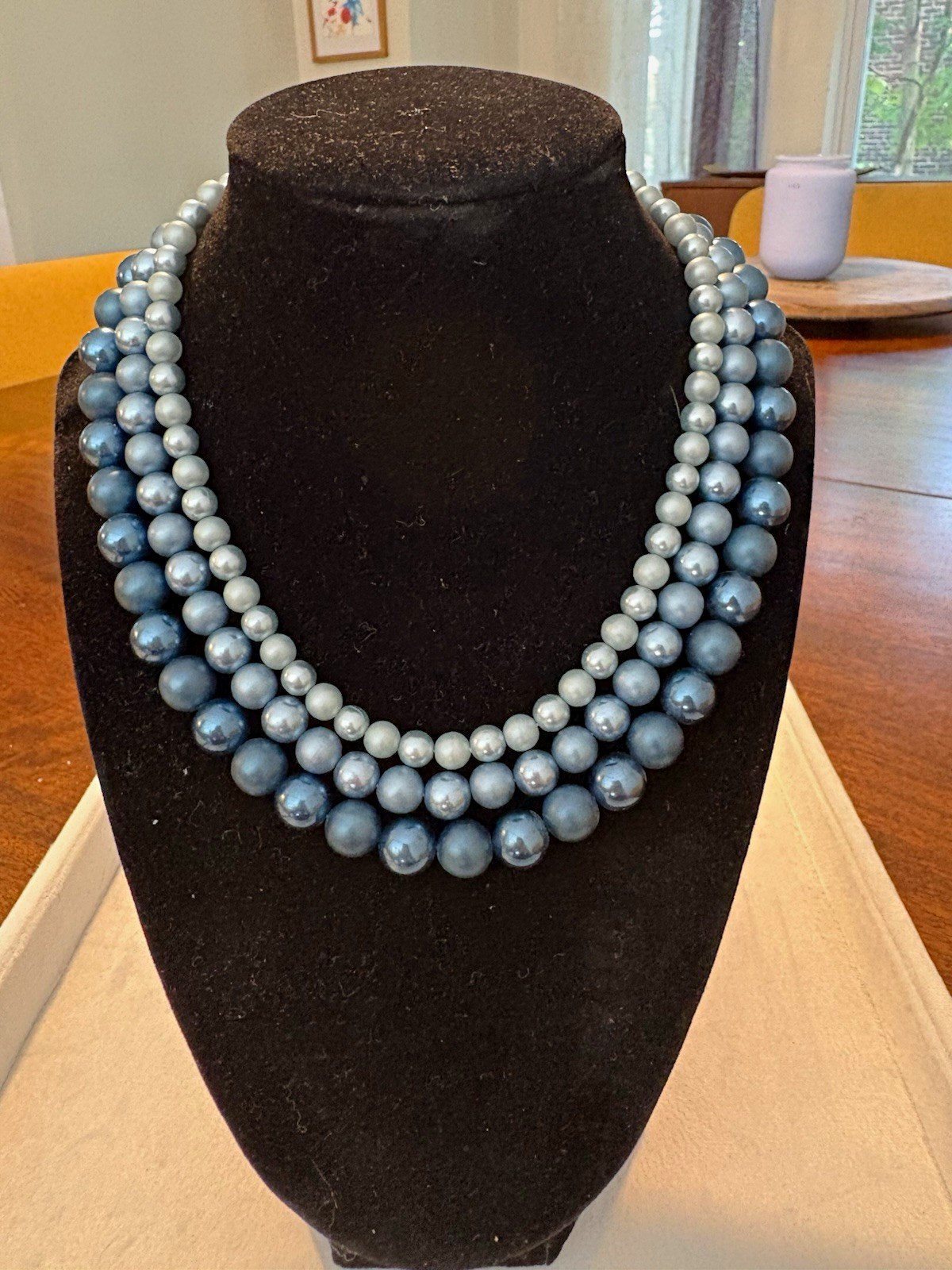 Triple Strand Blue Round Beaded collar necklace