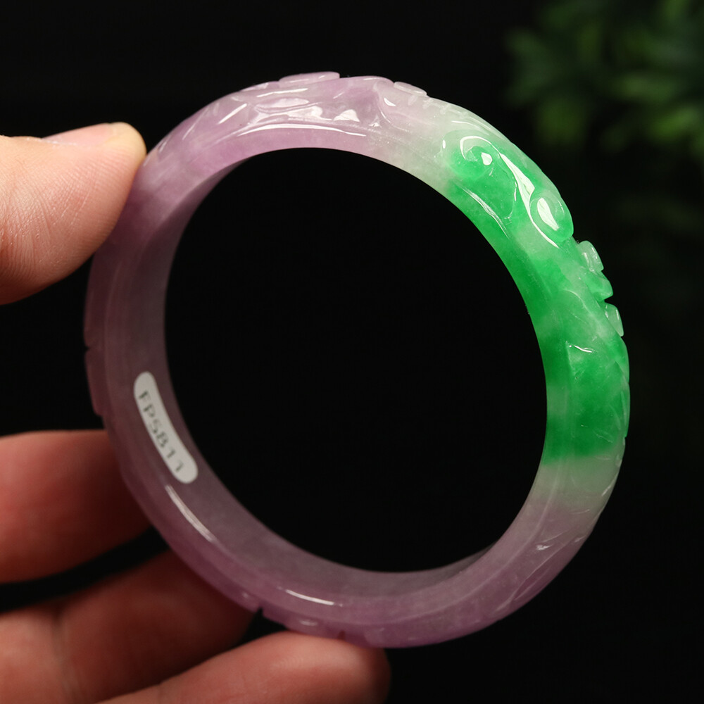 55mm Lavender Purple Green Jadeite Jade Bracelet Bangle Ruyi Flower A-11675