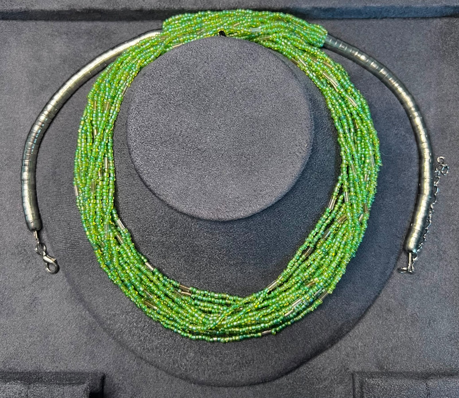 Vintage Lime Green Multi Strand Seed Bead Necklace Boho African Statement 74-80c
