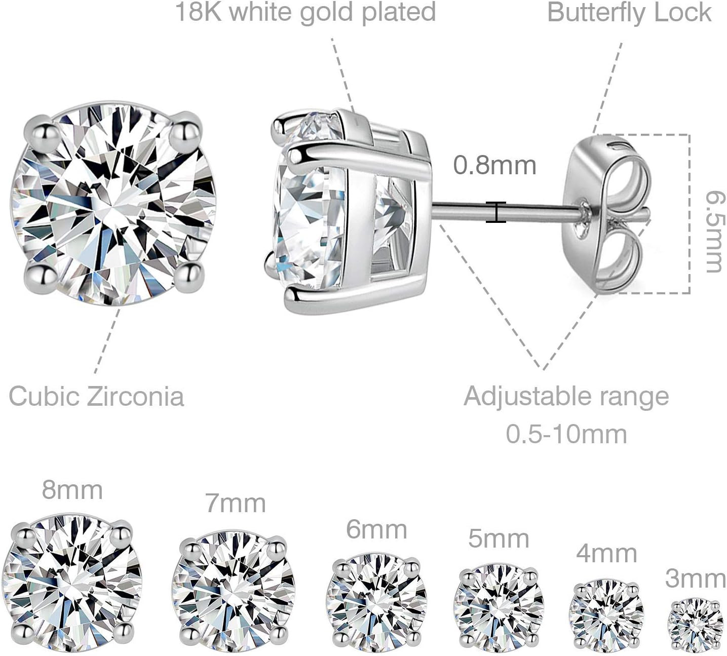 18K White Gold Plated 4 Pong round Clear Cubic Zirconia Stud Earring Pack of 6 P